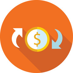 Circular icon depicting financial exchange with a gold coin featuring a dollar sign and two curved arrows in light blue and white on an orange background with long shadow effect illustration