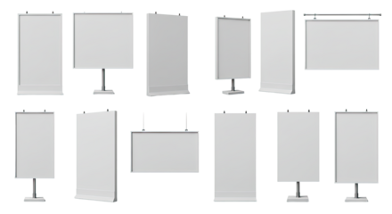 Collection of blank white presentation boards and flip charts isolated on white background, perfect for business presentations and conferences