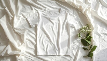 Plain white garment, possibly for apparel design, lies on a textured, pristine cloth, lit by soft sunlight with subtle shadows and soft, neutral tones that convey a calm, minimalist aesthetic;...