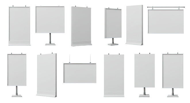Collection of blank white presentation boards and flip charts isolated on white background, perfect for business presentations and conferences