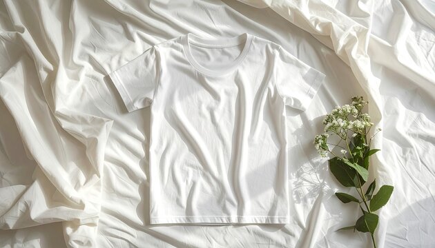 Plain white garment, possibly for apparel design, lies on a textured, pristine cloth, lit by soft sunlight with subtle shadows and soft, neutral tones that convey a calm, minimalist aesthetic;...