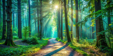 Naklejka premium Sunlight streams through the canopy of tall trees, illuminating a peaceful forest path. The scene captures the tranquility of nature at dawn with vibrant colors and soft light