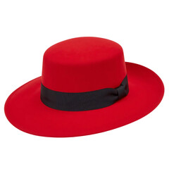 Vibrant red spanish boater hat with black band for fiesta and festive occasions