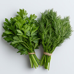 Fresh herbs preparation with parsley and dill kitchen food photography home environment overhead view culinary concept