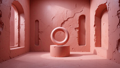 A circular sculpture stands on a pedestal in a pink room. The walls are cracked, showing a rough texture. Archways enhance the artistic atmosphere in this unique space