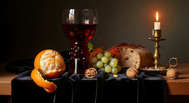 Still life composition with wine glass fruit bread and candlelight