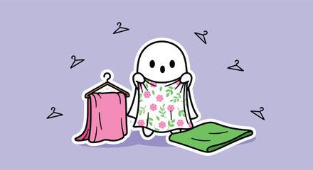 Cute ghost choosing between pink, floral, and green towels in a lavender room, showcasing indecision and playful domesticity.