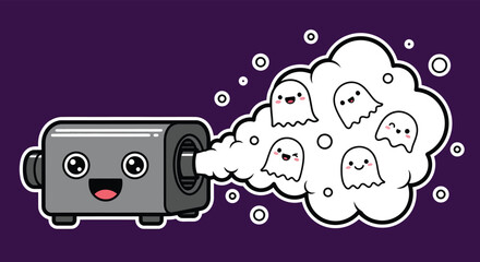 Cute toaster ejects happy ghosts in a playful cloud against a dark purple backdrop, creating a whimsical and spooky atmosphere.