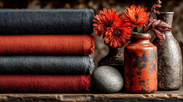 Bold textile arrangement with noble mood featuring red and terracotta colors next to decorative vases