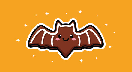 Cute bat character smiling on orange backdrop with sparkles, creating a whimsical and festive halloween mood.