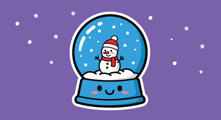 Cute snowman smiles inside snow globe on purple starry background, spreading cheerful winter holiday spirit.