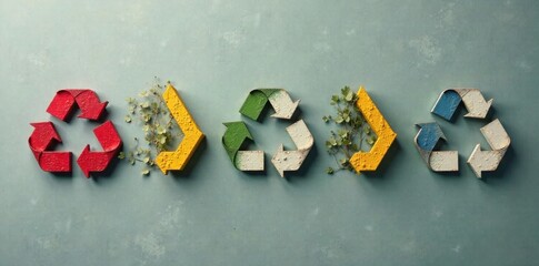 Abstract arrow shapes in a recycling loop on a textured background Abstract, angular arrow shapes crafted from a collage of subtly textured recycled paper and cardboard. The arrows form a continuous