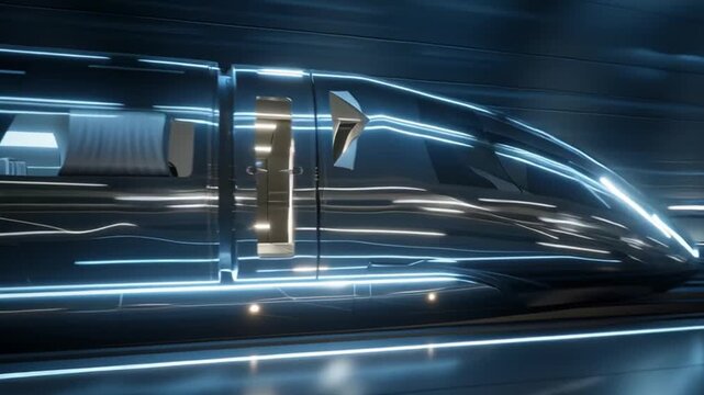 Hyperloop capsule, futuristic glowing passenger pod racing through vacuum tunnel at incredible speed.