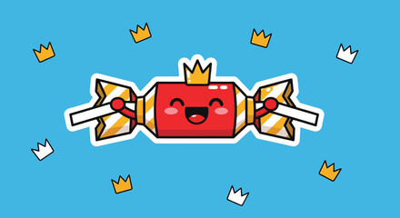 Happy candy character wearing a crown floats playfully against a blue backdrop surrounded by smaller crowns, creating a whimsical and celebratory mood.