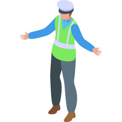 Isometric Male Worker Wearing Reflective Vest and Hat With Arms Outstretched On A Transparent Background
