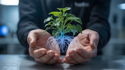 Nurturing a Young Green Plant with Water and Vitality Represented by Glowing Roots in Caring Hands Symbolizing Growth and Sustainable Agriculture