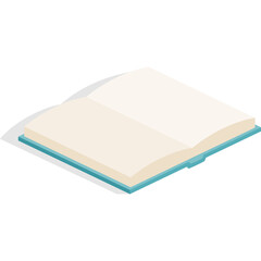 Isometric open book with blank cream pages and blue cover casting a soft shadow on a transparent background symbolizing knowledge and learning in a clean minimalist design
