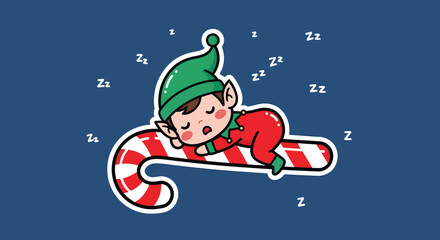 Sleeping christmas elf rests peacefully on a candy cane after a long night of toy making, surrounded by zzz's in a festive and whimsical scene.