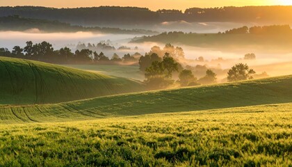 Obraz premium panorama of a beautiful, ecological farmland at sunrise. Waved, green field, forest and morning fog