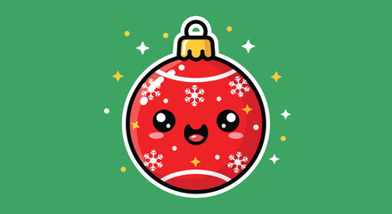 Cute christmas ornament with kawaii face sparkles against green backdrop evokes festive holiday cheer.