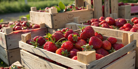 Baskets filled with ripe strawberries sit on display at a farm market. The warm sunlight highlights their vibrant red color. Customers enjoy the fresh produce on a sunny day