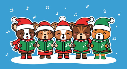 Cute bears sing christmas carols in the snow wearing santa hats and scarves, spreading holiday cheer and festive spirit.