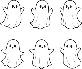 Black and white cartoon ghost set with six unique characters in playful Halloween line art illustration