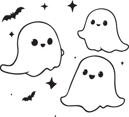 Black and white cartoon ghosts illustration with smiling faces, bats, and stars in playful Halloween line art