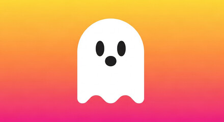 A simple cartoon ghost with black eyes and mouth on a colorful orange and pink gradient background