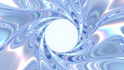 Abstract background of swirling liquid vortex with central white circular frame fluid iridescent holographic texture creating vibrant psychedelic futuristic design for copy space
