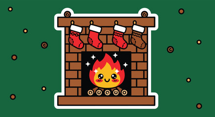 Cute fireplace with stockings hanging on the mantelpiece, glowing warmly in a cozy room, creating a festive and cheerful atmosphere.