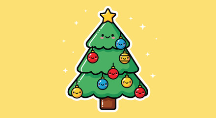 Smiling christmas tree decorated with colorful ornaments stands against a yellow backdrop, radiating festive cheer and holiday spirit.