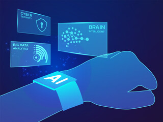 Artificial intelligence with hologram Perspective Data Visualization Dashboard from hand wearing Ai Watch light effect on dark blue background vector design concept. AI technology for advance tech.