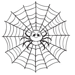 Fototapeta premium Black and white cartoon spider illustration on symmetrical web with smiling face in playful line art style