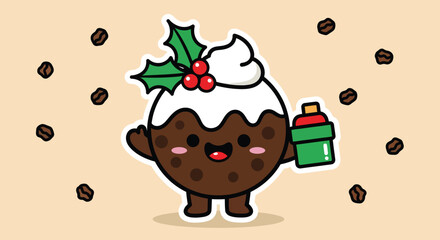 Happy christmas pudding holding a gift box standing on beige surface with coffee beans floating around it, creating a festive and joyful scene.