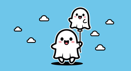 Cute ghost floats with balloon ghost in a bright blue sky with fluffy clouds, creating a whimsical and cheerful scene.