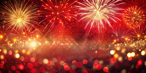 Obraz premium Bright fireworks burst in vibrant colors against a dark sky, celebrating New Year's Eve with excitement and joy. People gather to watch the spectacular display