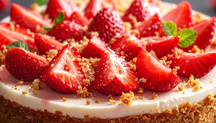 A close-up shot of a delicious strawberry cheesecake topped with fresh strawberries and mint leaves.
