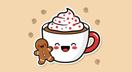 Cute cartoon mug of hot chocolate with whipped cream and gingerbread man smiling on beige surface evokes cozy holiday feeling.