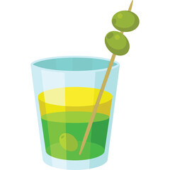 Clear Glass Filled With Yellow Green Layered Cocktail Decorated With Two Green Olives On Wooden Skewer With One Olive In Drink