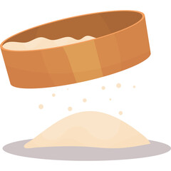 Close Up Of A Wooden Sieve Sifting Light Brown Powder Onto A Pile Of Powder With A Soft Shadow On A White Background