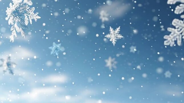 Delicate snowflakes gently falling against a soft blue background create a magical winter atmosphere. ai generative