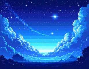 Pixelated night scene depicting stars and a starry trail over clouds