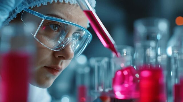 Scientist in a clean lab, a scene of disease treatment and chemical capsule.