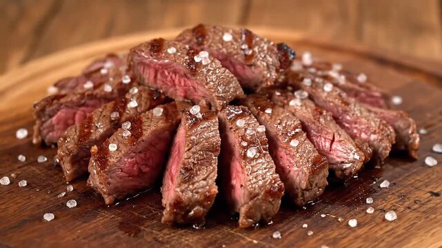 Delicious Sliced Steak on Wooden Board A Culinary Delight.