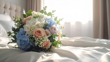 A beautiful bouquet of pink and blue flowers rests on a white, rumpled bedspread near a window with soft light.