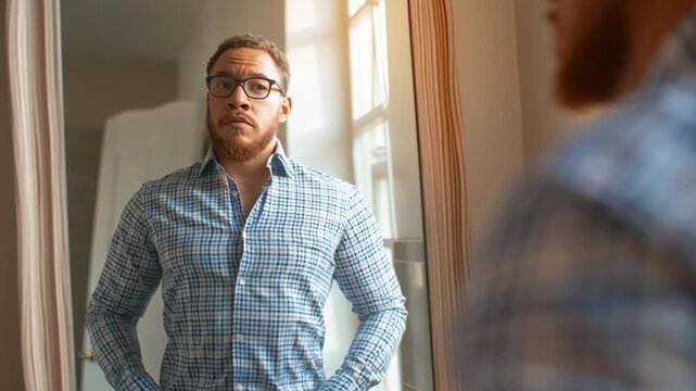 Standing Posture, overweight person standing in front of mirror, analyzing posture and health.