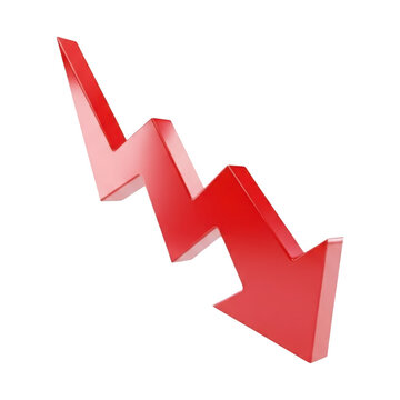 Vibrant glossy red 3d arrow symbolizing downward trend financial decline stock market crash falling transparent background