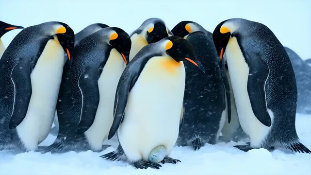 In a cold Antarctic setting, a group of emperor penguins huddles closely together, creating a protective barrier against the snow and wind as they attend to their eggs.