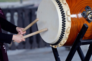 Taiko performance. Taiko are Japanese drums used during traditional ceremonies or festivals or matsuri. France.